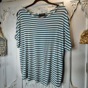 Teal and White Striped Scoop Neck T-Shirt